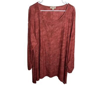 One World Blouse Women's XXXL Round Neck Sequin 3/4 Sleeve Printed Shirt Top